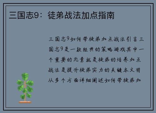 三国志9：徒弟战法加点指南